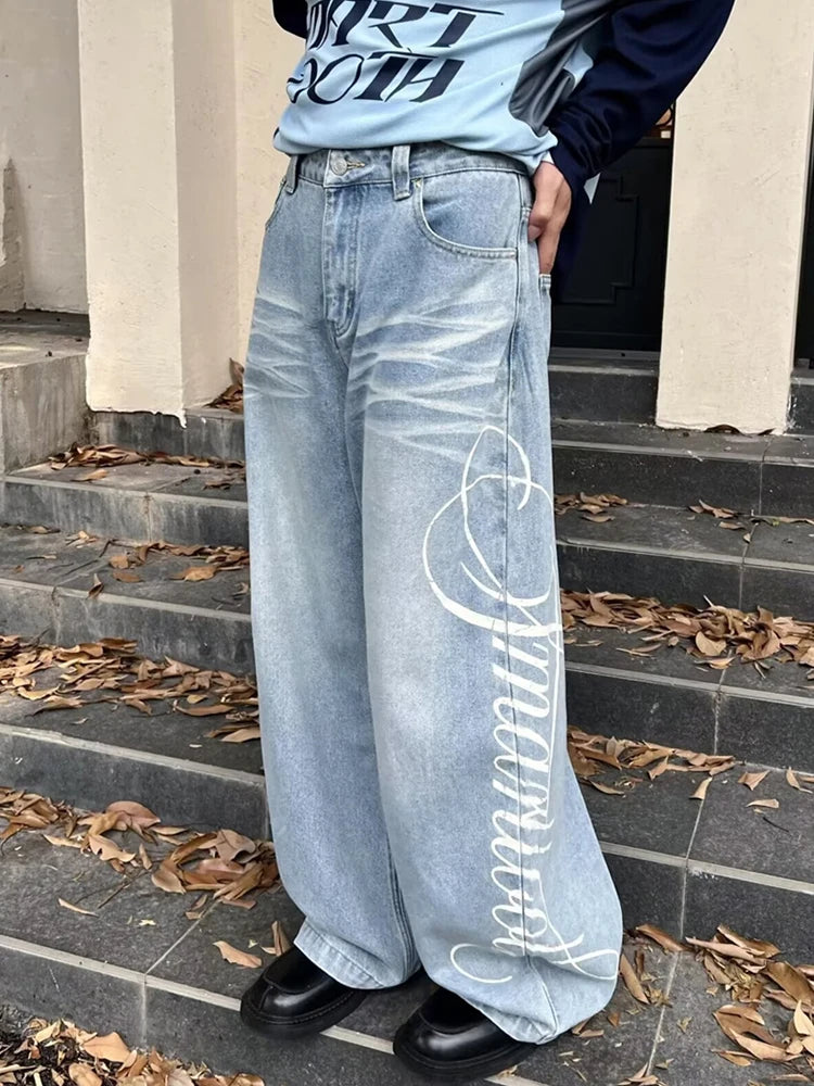 Y2K Cursive Letter Print Graphic Barrel Jeans