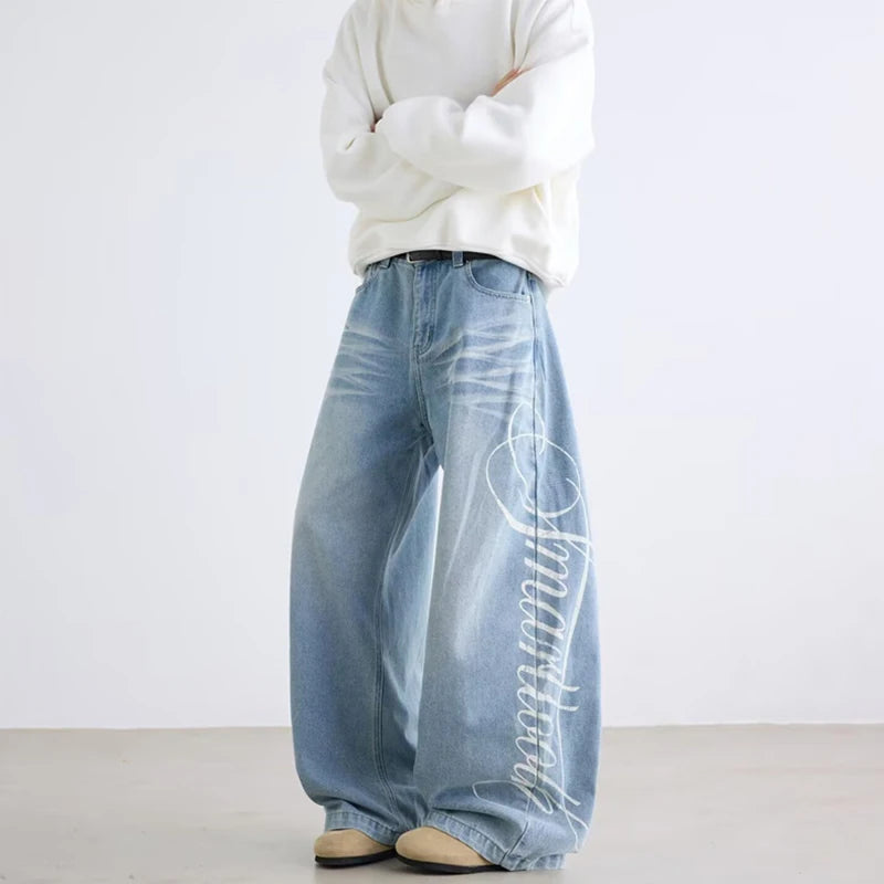 Y2K Cursive Letter Print Graphic Barrel Jeans