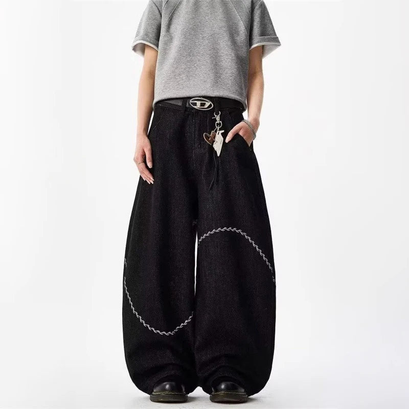 Y2K Curved Chain Graphic Barrel Denim Jeans