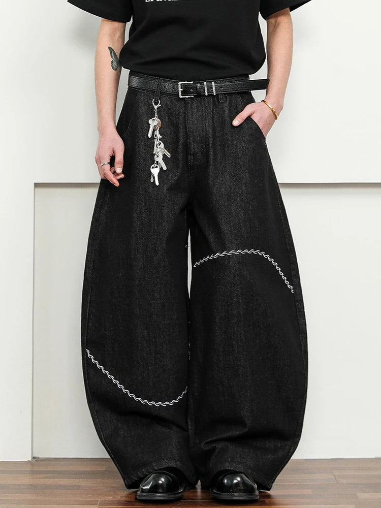 Y2K Curved Chain Graphic Barrel Denim Jeans