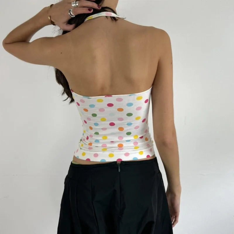 Y2K Cute Girl Polka Dot Print Halter Vest Crop Top