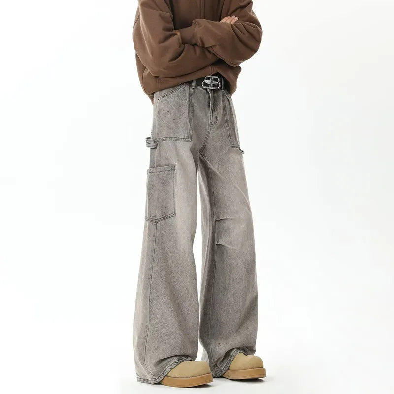 Y2K Cyber Distressed Grey Pleated Baggy Boot Cut Cargo Jeans