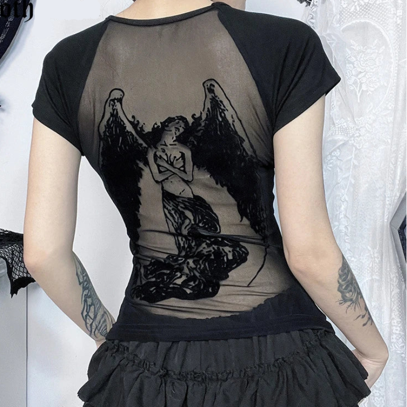 Y2K Dark Angel Graphic Mesh Baby Tee