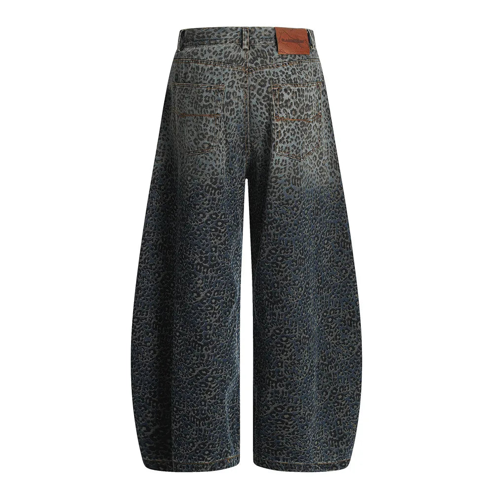 Y2K Dark Leopard Print Baggy Denim Curved Barrel Jeans