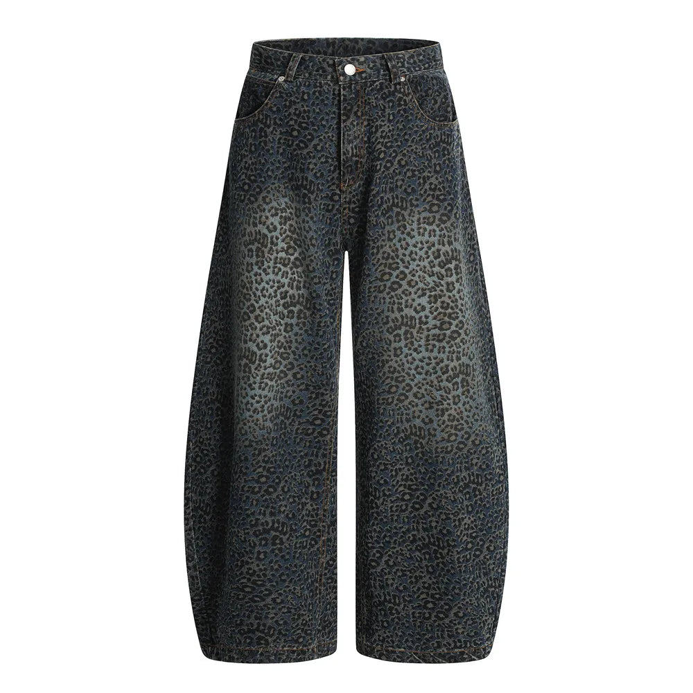 Y2K Dark Leopard Print Baggy Denim Curved Barrel Jeans