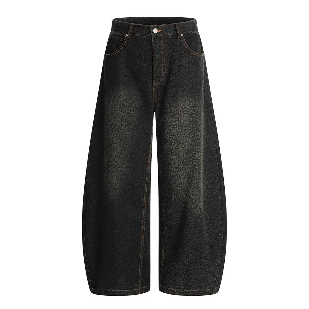 Y2K Dark Leopard Print Baggy Denim Curved Barrel Jeans