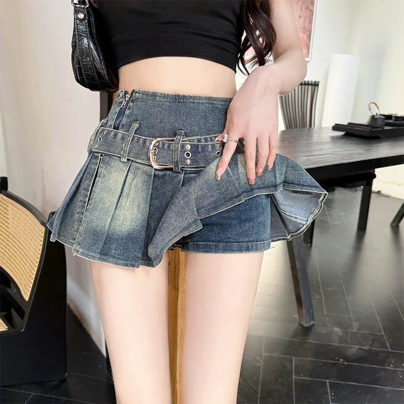 Y2K Denim Retro Hight Waist Pleated A Line Mini Skirt