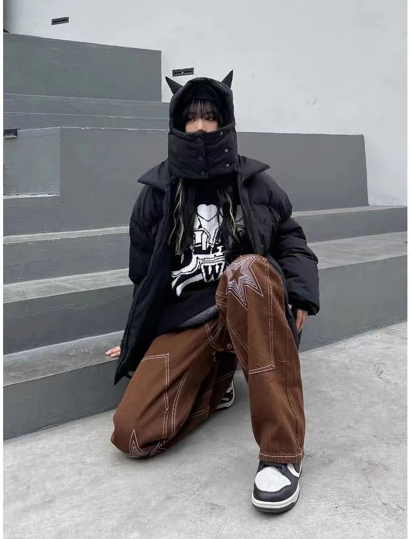 Y2K Devil in Design Hooded Puffer Jacket Coat