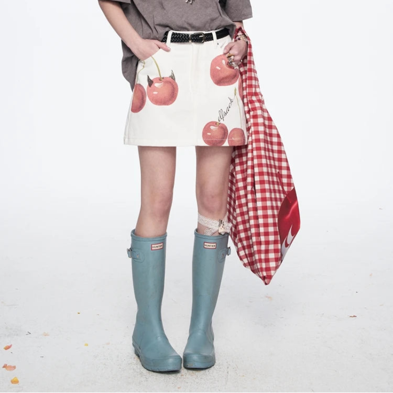 Y2K Devils Cherry Print A Line Denim Mini Skirt