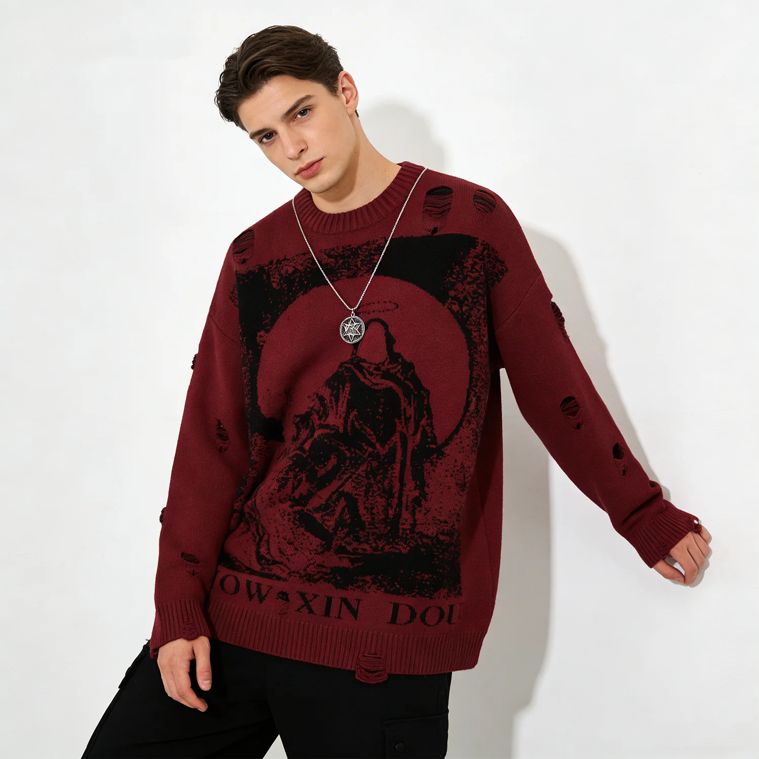 Y2K Distressed Priest Salvation Graphic Jumper