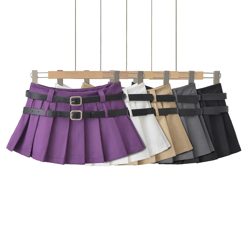 Y2K Double Belt Pleated Mini Skirt