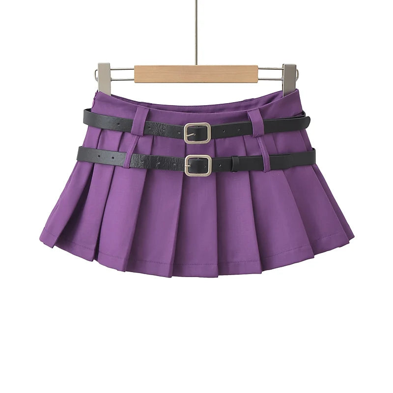 Y2K Double Belt Pleated Mini Skirt