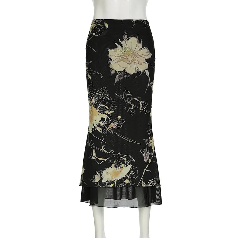 Y2K Double Layer Mesh A-line Midi Skirt