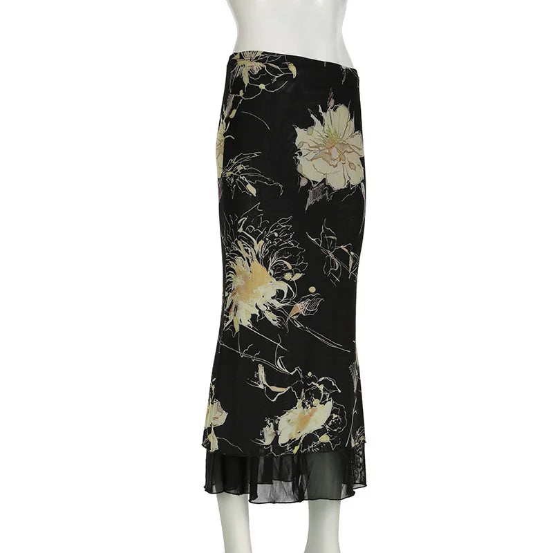 Y2K Double Layer Mesh A-line Midi Skirt
