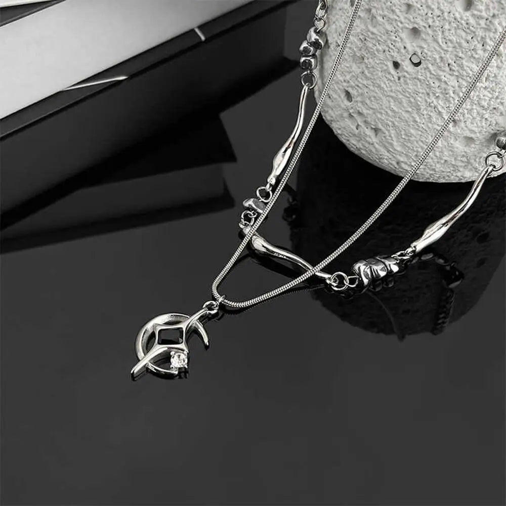 Y2K Double Layer Moon And Star Black Pearl Necklace