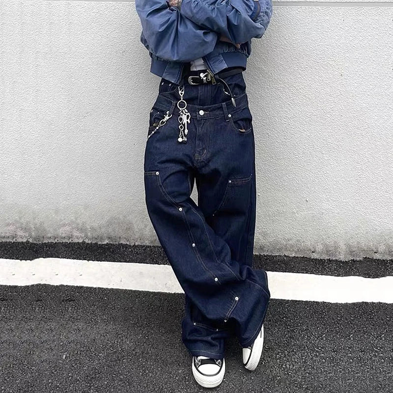 Y2K Double Waistband Rivet Straight Leg Jeans