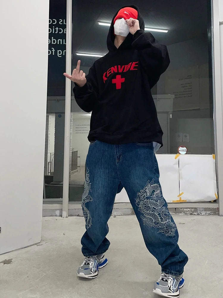 Y2K Dragon Embroidered Baggy Blue Denim Jeans
