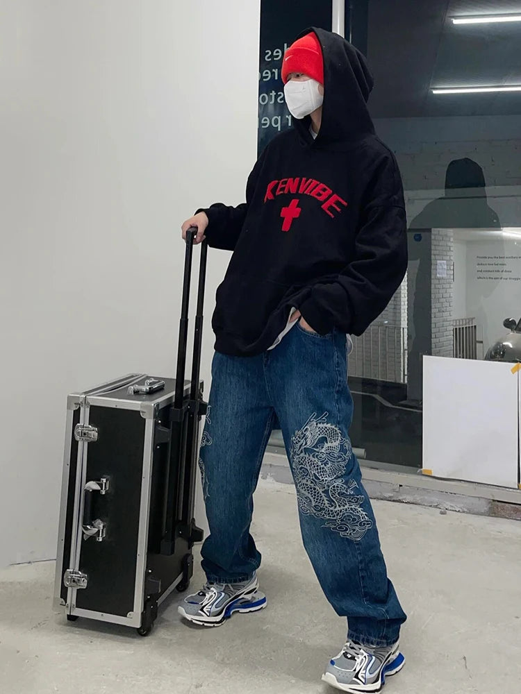 Y2K Dragon Embroidered Baggy Blue Denim Jeans