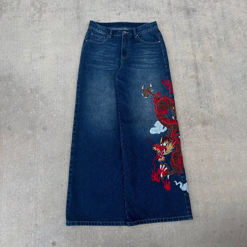 Y2K Dragon Graphic Baggy Embroidered Jeans