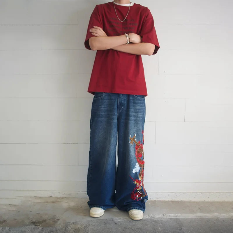 Y2K Dragon Graphic Baggy Embroidered Jeans
