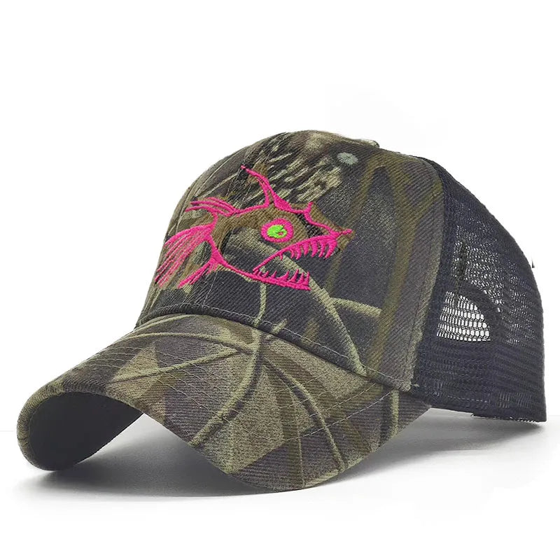 Y2K Embroidered Fish Bone Camo Baseball Cap