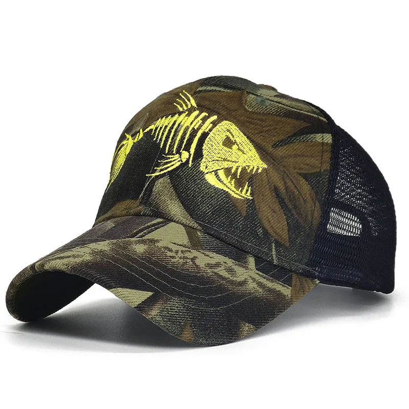 Y2K Embroidered Fish Bone Camo Baseball Cap