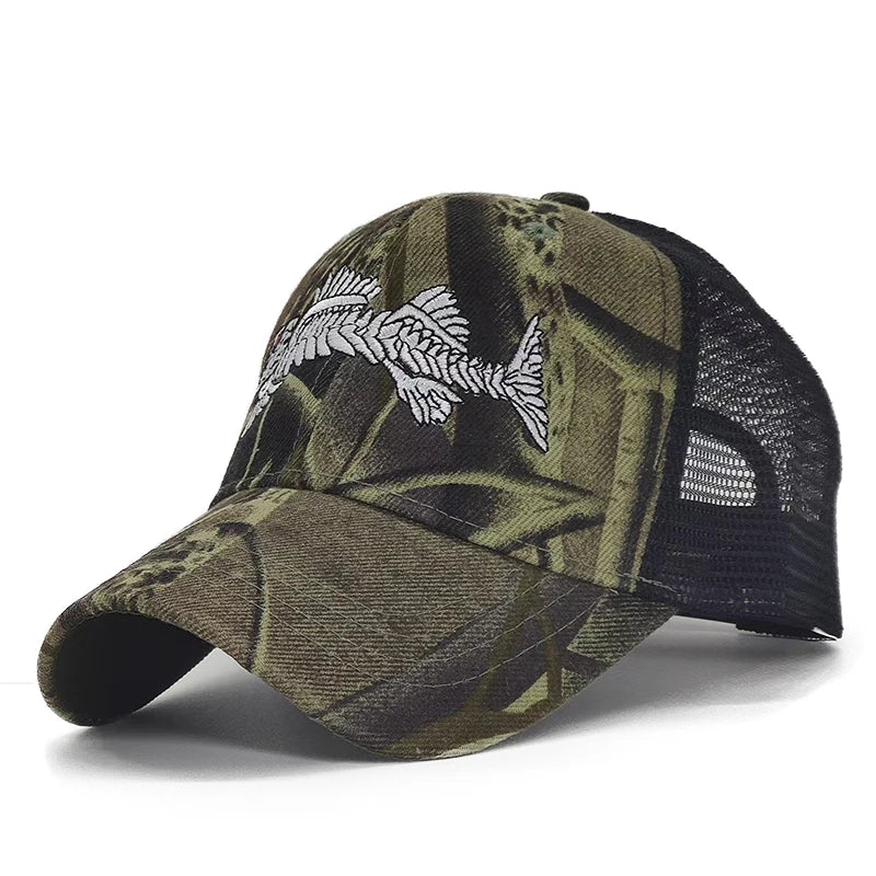 Y2K Embroidered Fish Bone Camo Baseball Cap
