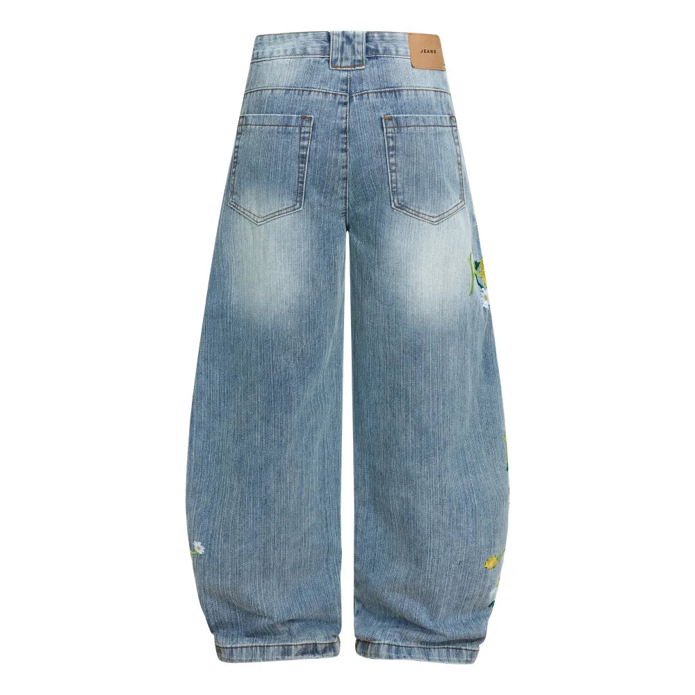 Y2K Embroidered Flower Baggy Denim Curved Barrel Jeans