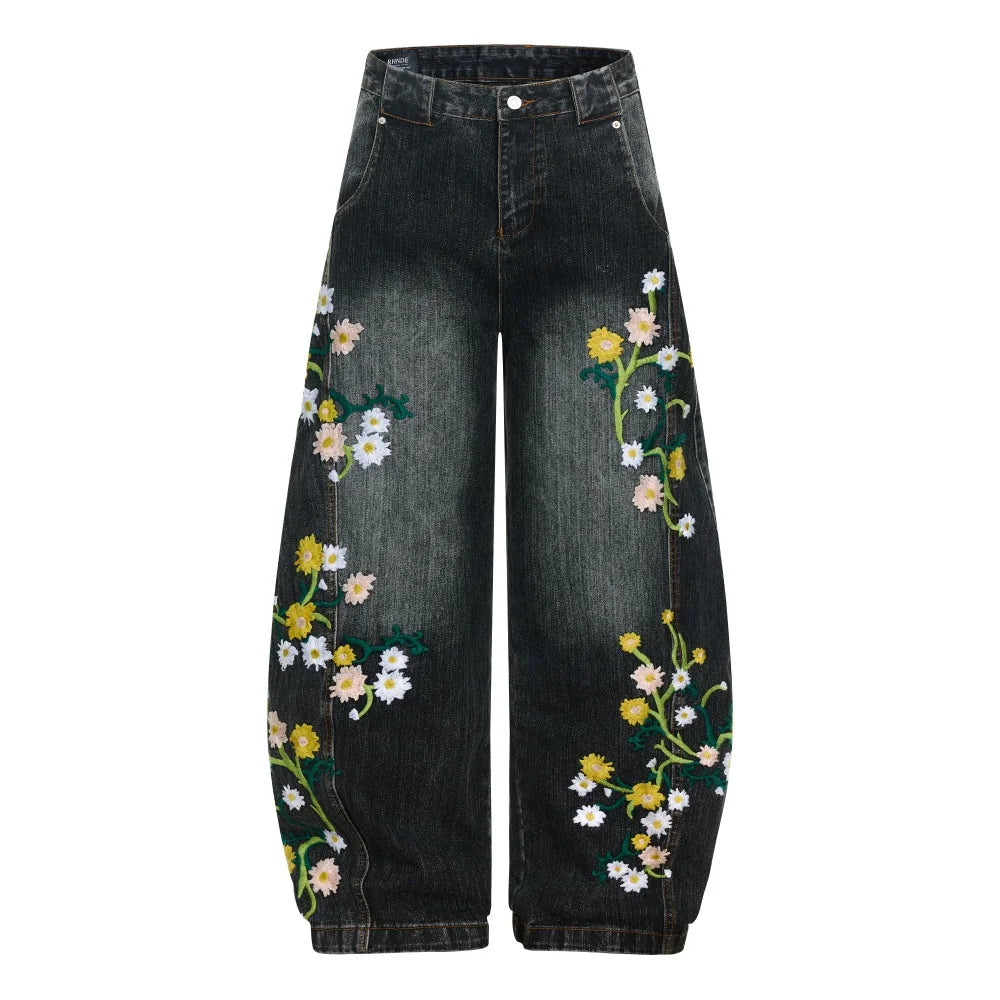 Y2K Embroidered Flower Baggy Denim Curved Barrel Jeans