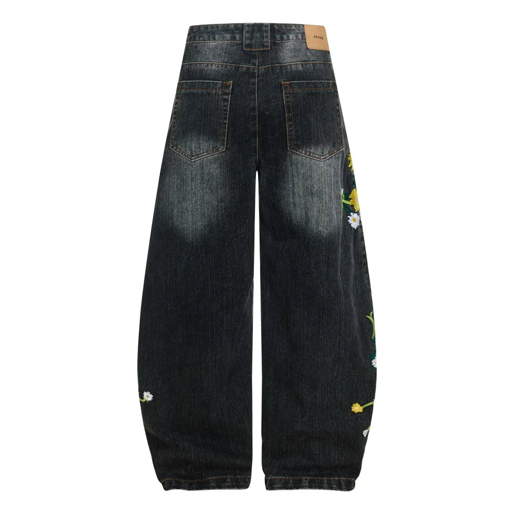 Y2K Embroidered Flower Baggy Denim Curved Barrel Jeans