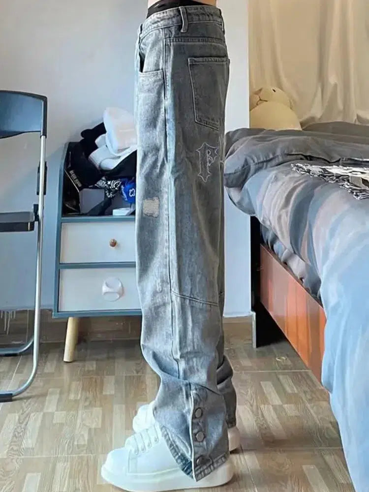 Y2K Embroidered Light Blue Baggy Jeans