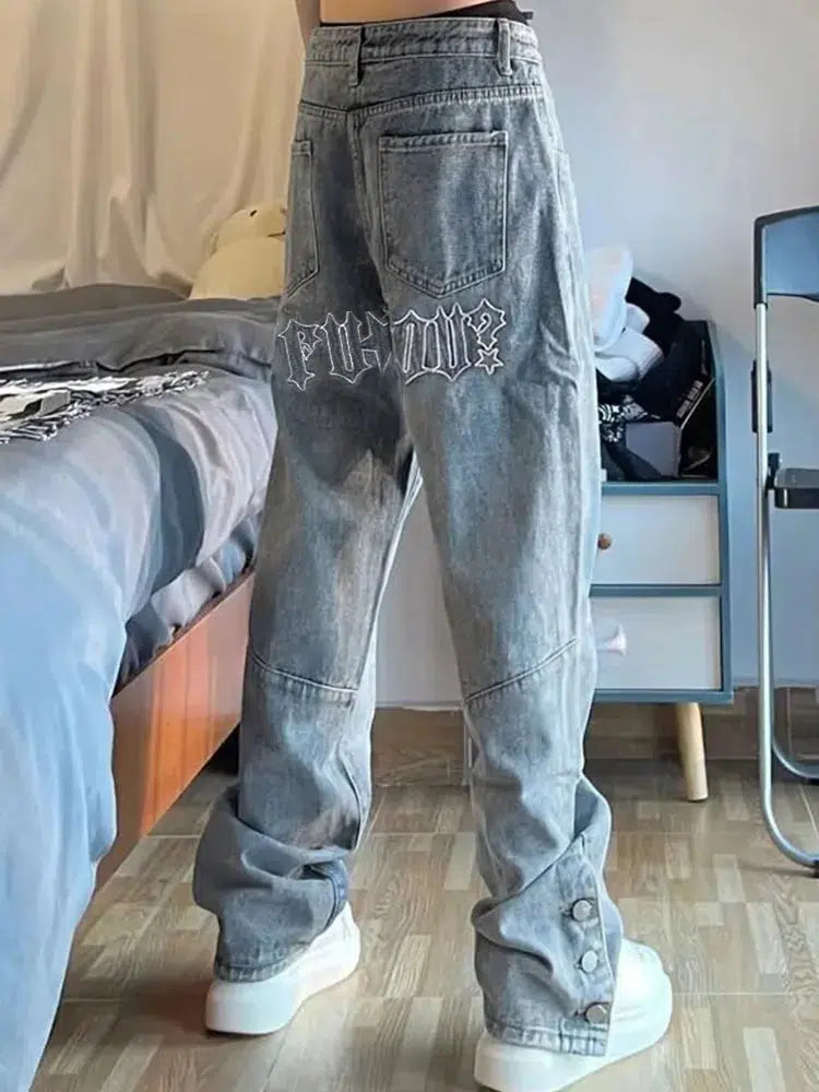 Y2K Embroidered Light Blue Baggy Jeans
