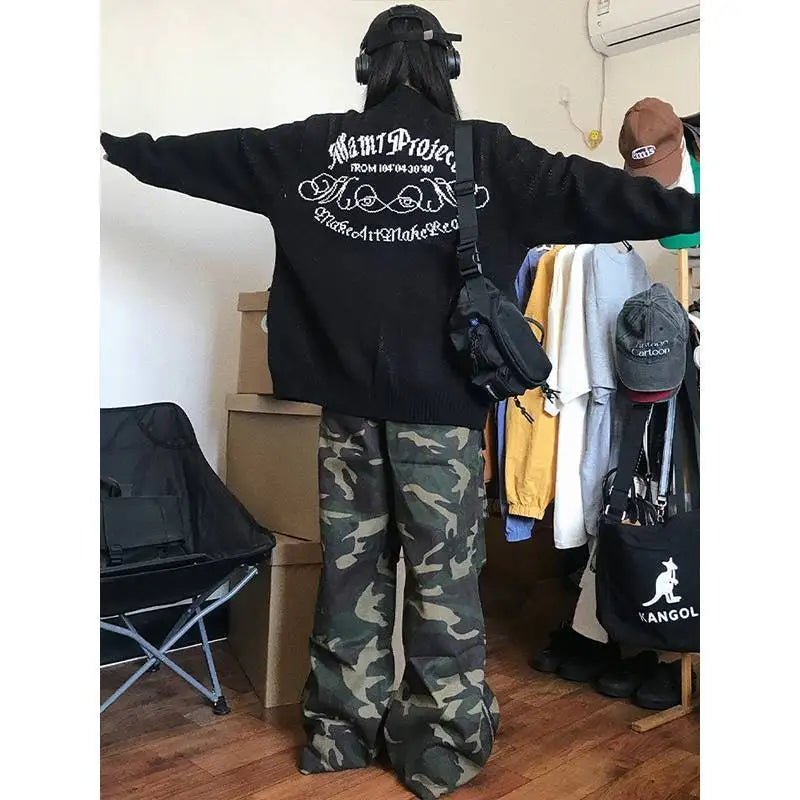 Y2K Embroidered Notes Zipper Cardigan Sweater