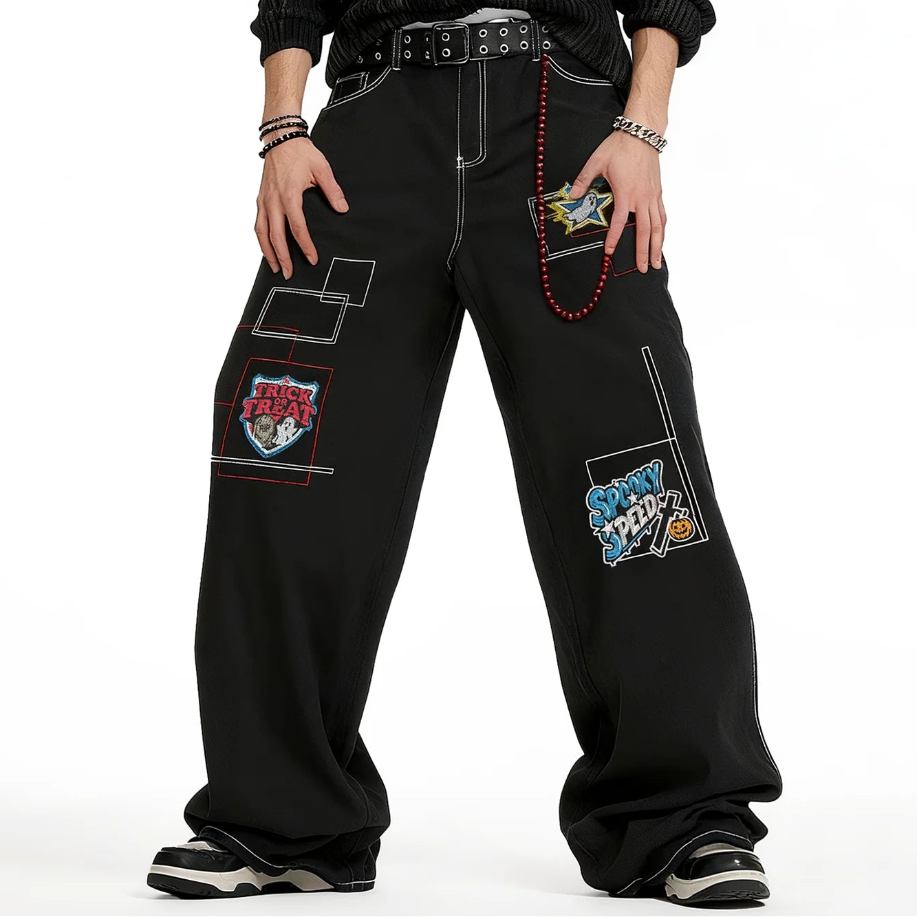 Y2K Embroidered Patchwork Black Baggy Jeans