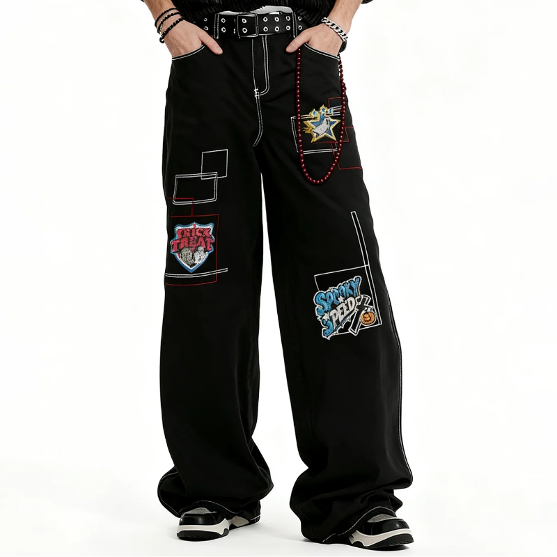 Y2K Embroidered Patchwork Black Baggy Jeans