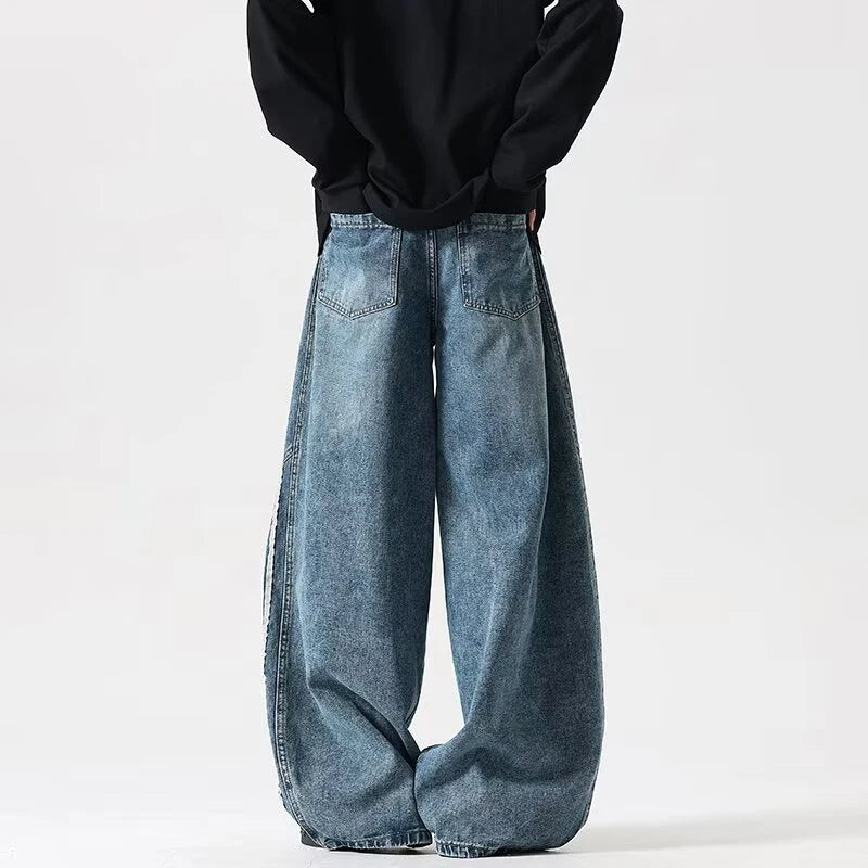 Y2K Embroidered Patchwork Striped Design Baggy Wide Leg Jeans