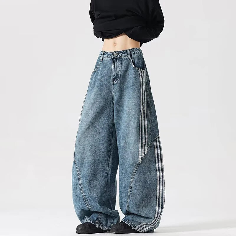Y2K Embroidered Patchwork Striped Design Baggy Wide Leg Jeans