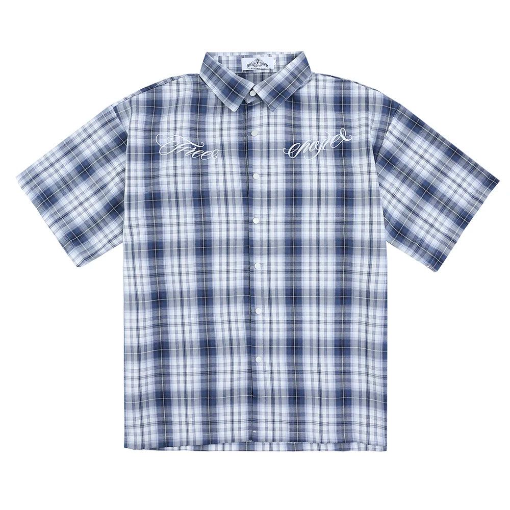 Y2K Embroidered Short Sleeve Plaid Button Down Shirt