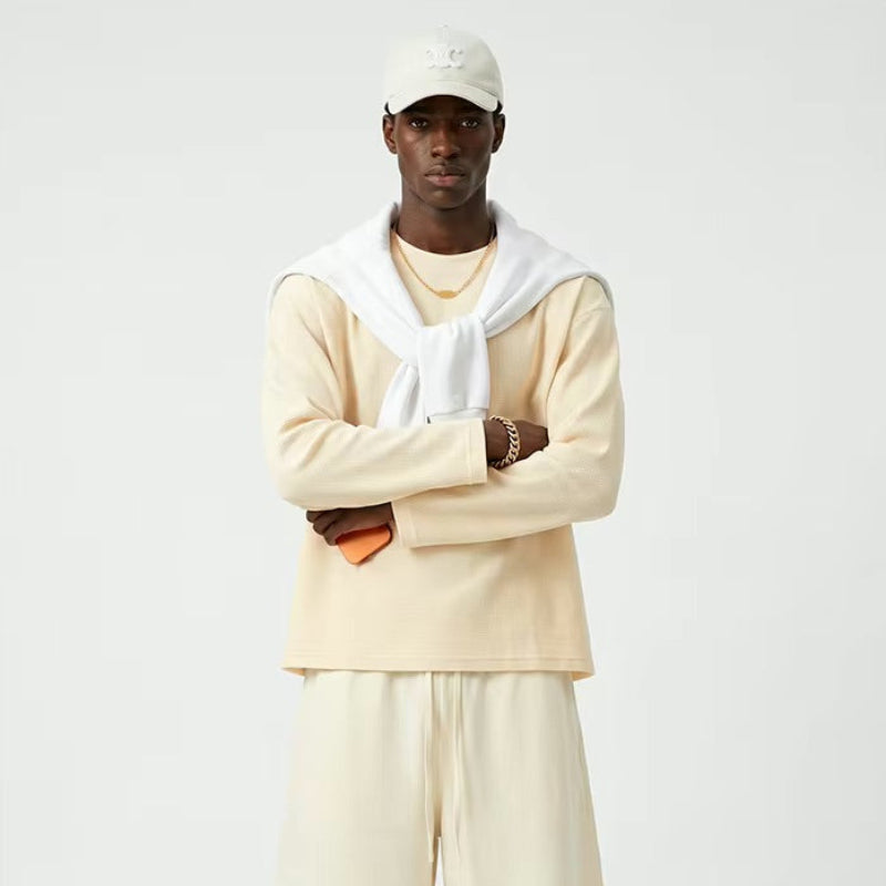 Y2K Essentials Acid Wash Waffle Knit Boxy Long Sleeve Top