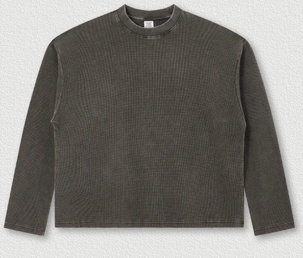 Y2K Essentials Acid Wash Waffle Knit Boxy Long Sleeve Top