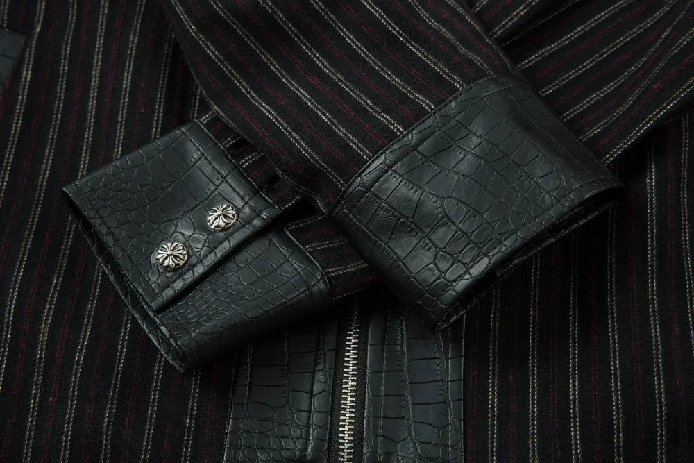 Y2K Faux Crocodile PU Leather Spliced Striped Zip Up Jacket