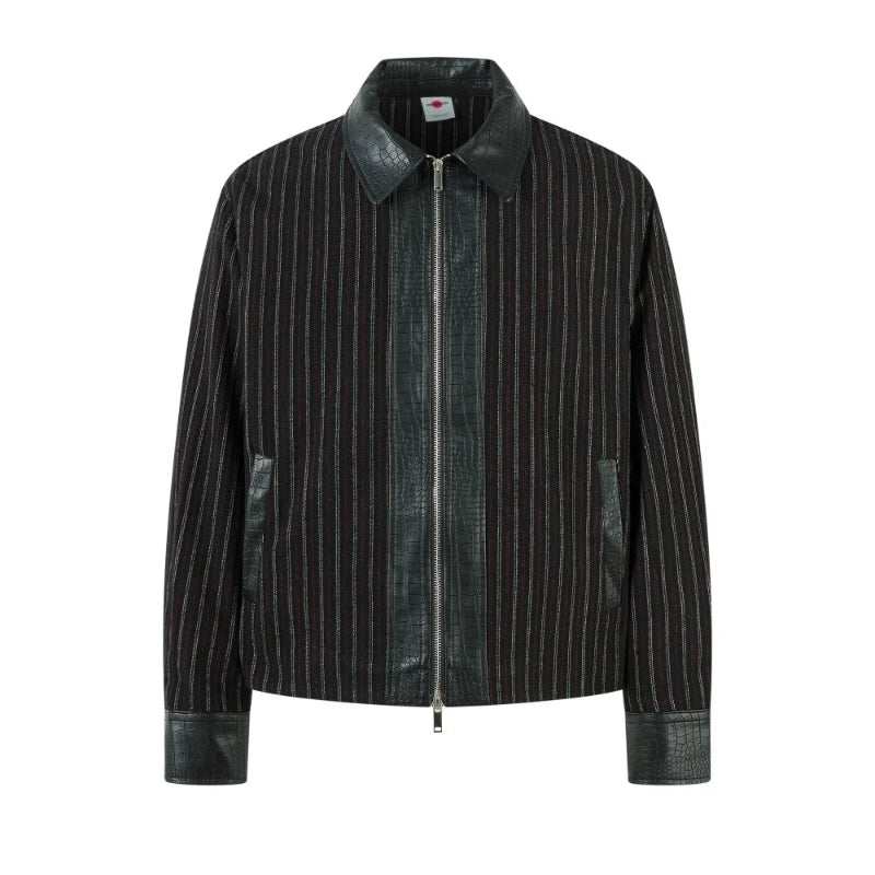 Y2K Faux Crocodile PU Leather Spliced Striped Zip Up Jacket