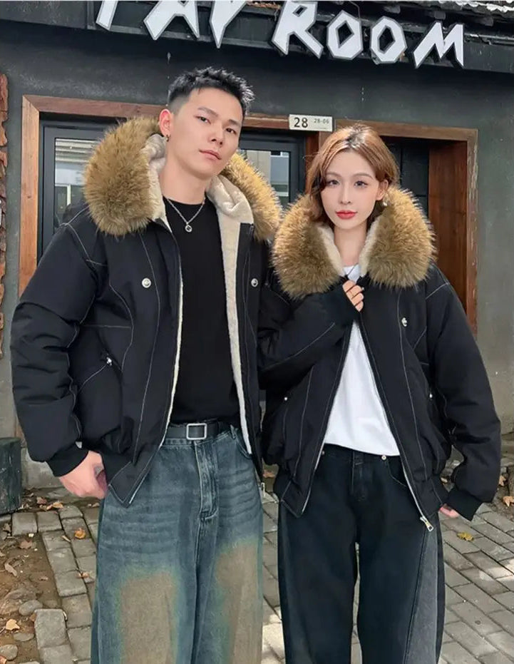 Y2K Faux Fur Collar Hooded Padded Parka Coat