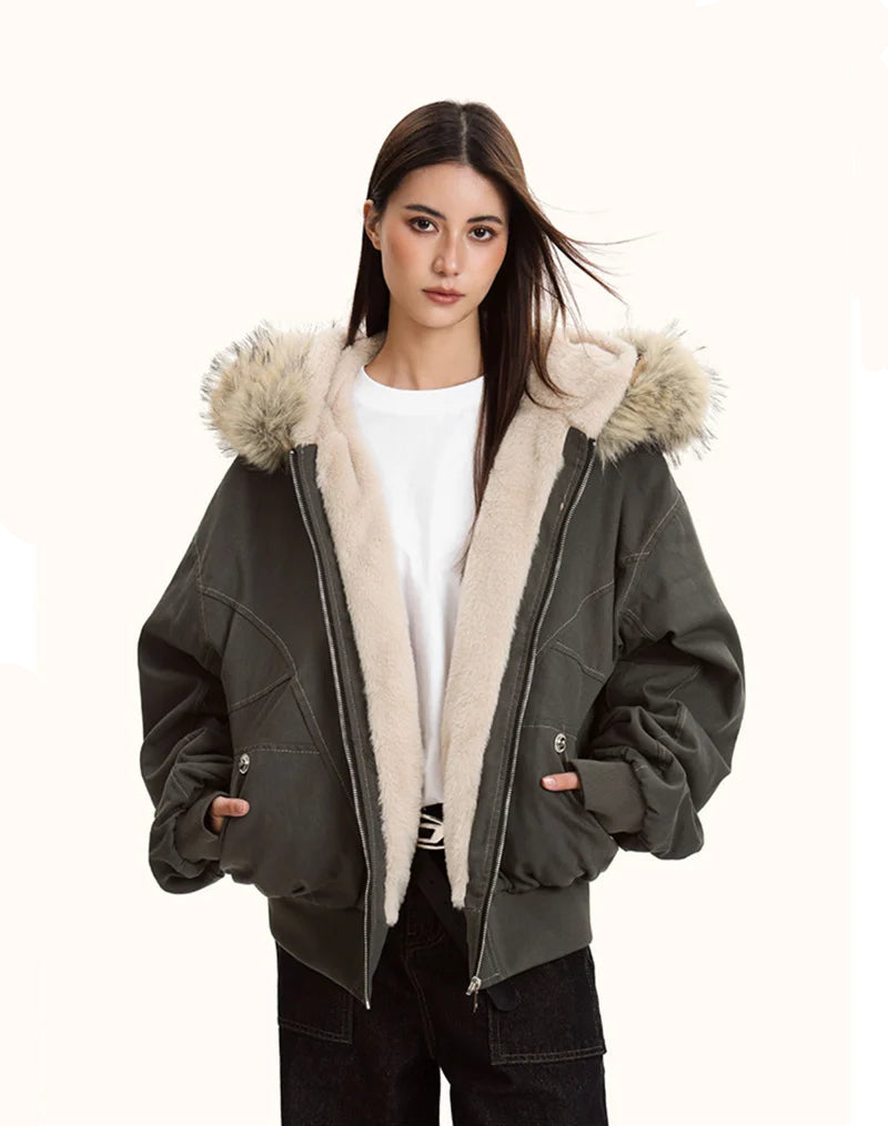 Y2K Faux Fur Collar Hooded Padded Parka Coat