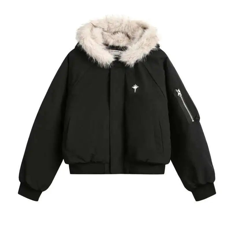 Y2K Faux Fur Collar Hooded Quilted Padded Jacket Coat