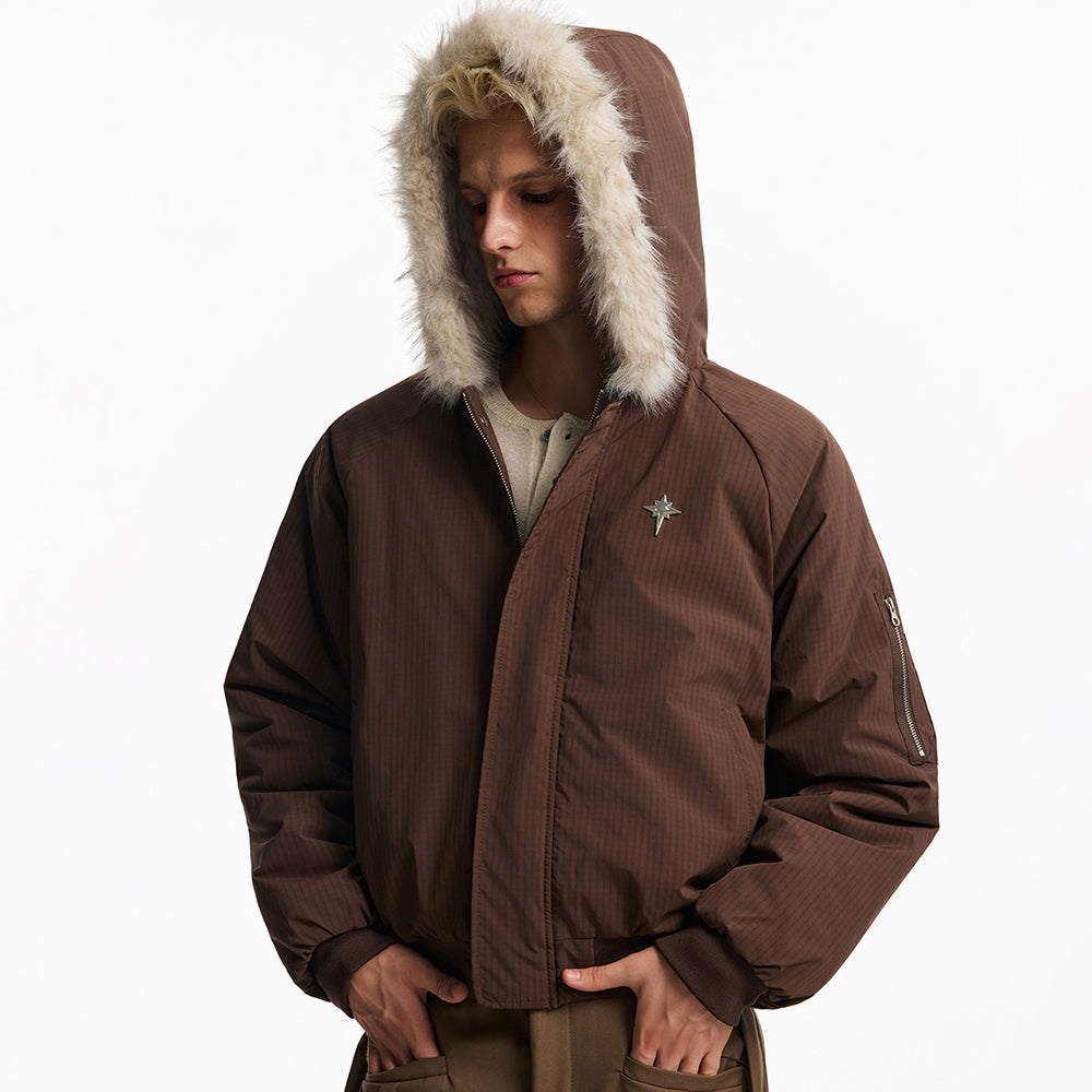 Y2K Faux Fur Collar Hooded Quilted Padded Jacket Coat