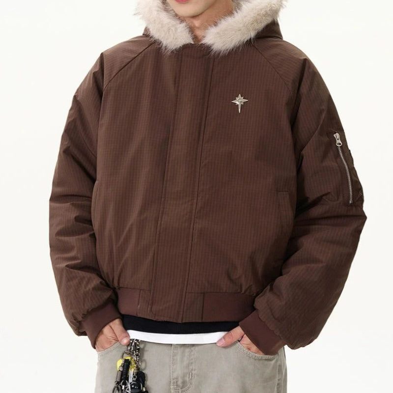 Y2K Faux Fur Collar Hooded Quilted Padded Jacket Coat