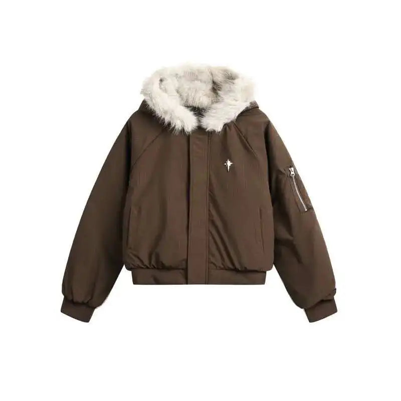 Y2K Faux Fur Collar Hooded Quilted Padded Jacket Coat