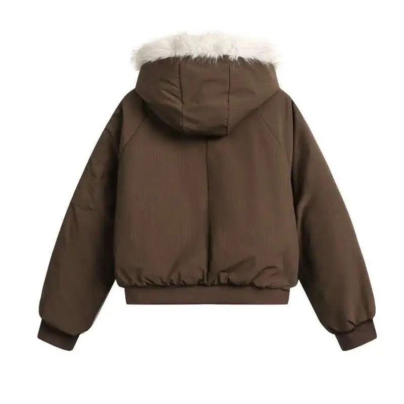 Y2K Faux Fur Collar Hooded Quilted Padded Jacket Coat