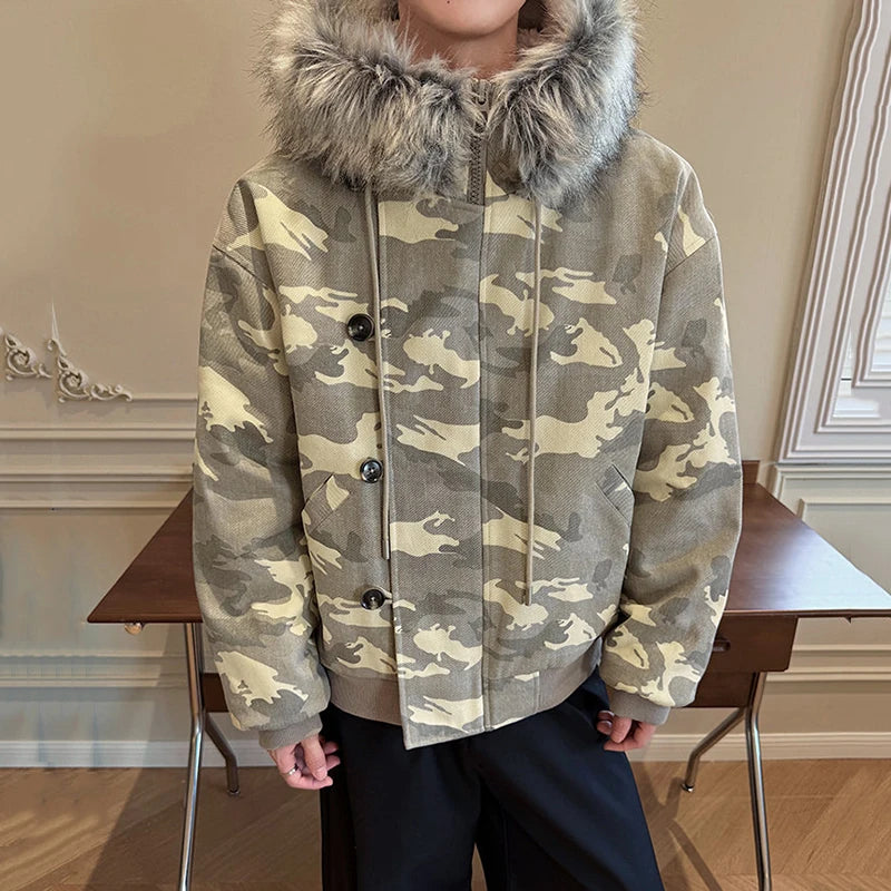 Y2K Faux Fur Collar Lined Drawstring Hooded Camouflage Jacket Coats
